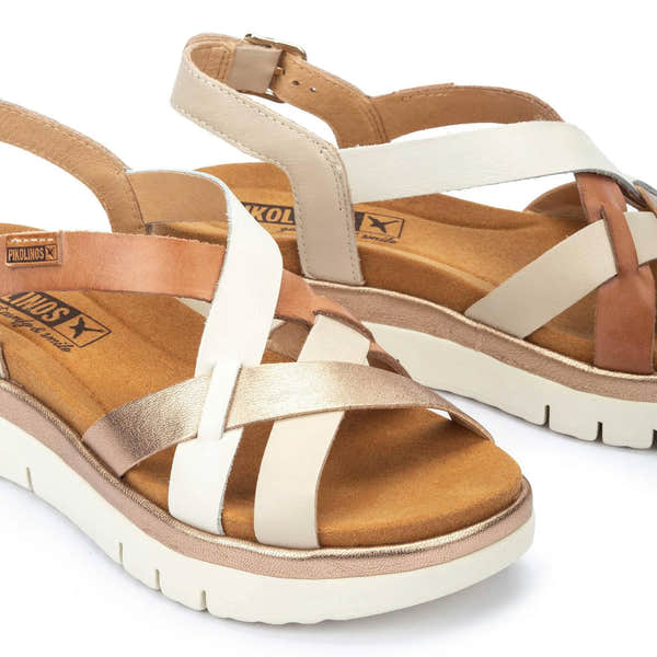 Pikolinos Palma W4N-0650C1 women's beige leather buckle sandals with chunky white sole.