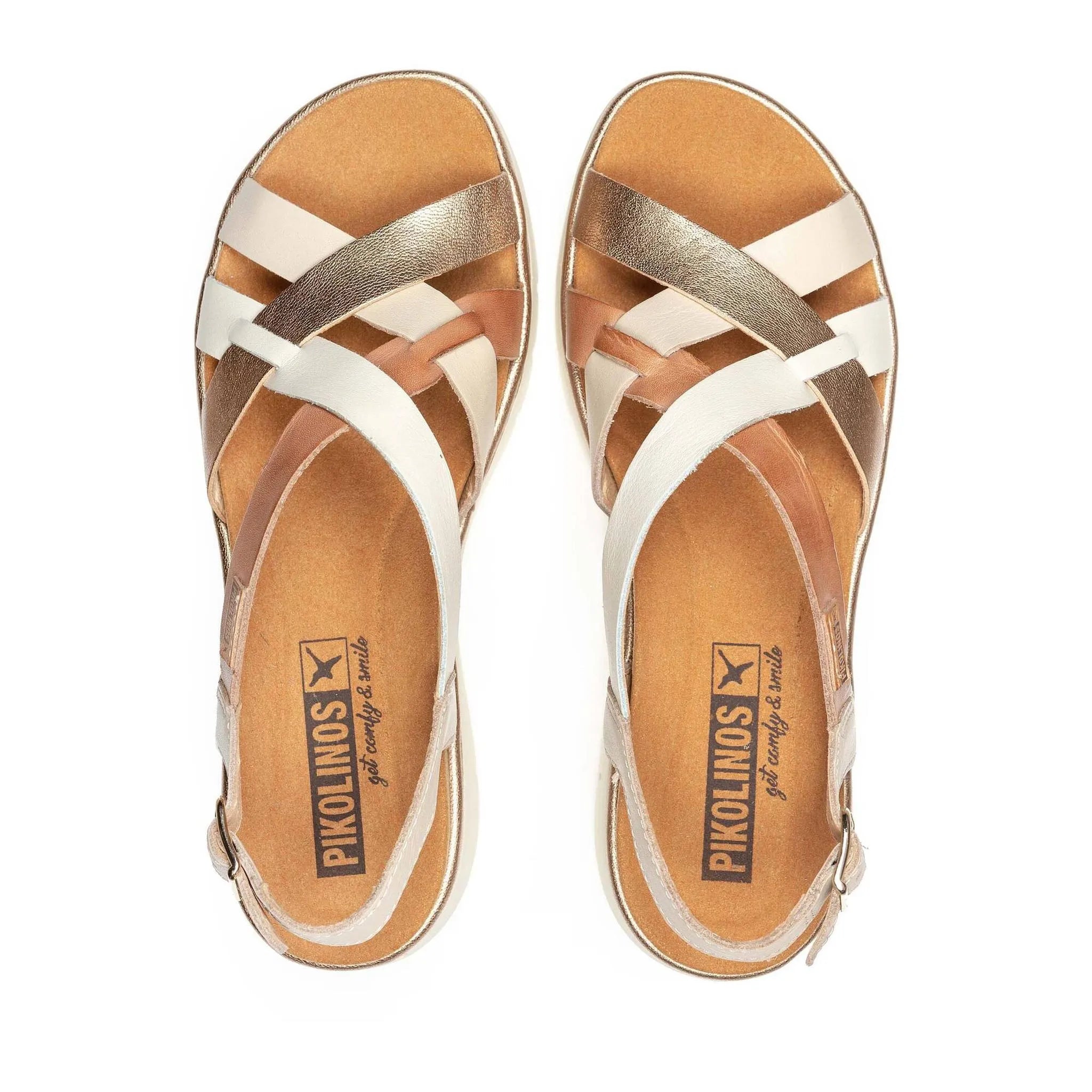 Pikolinos Palma W4N-0650C1 women's brassy leather buckle sandals shown from above.
