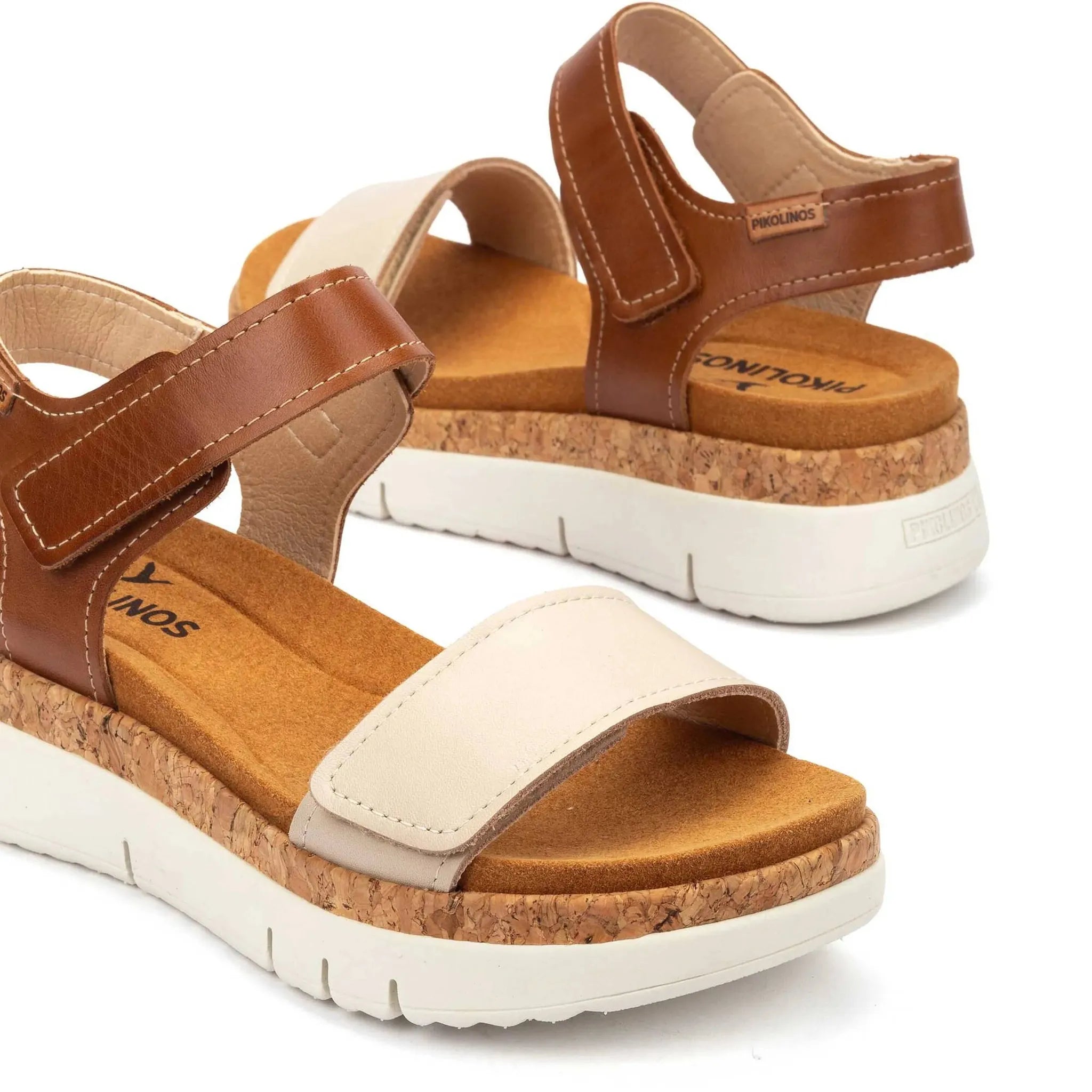 Pikolinos Palma W4N-0940C1 beige leather ladies sandals with touch fastening and cork sole.