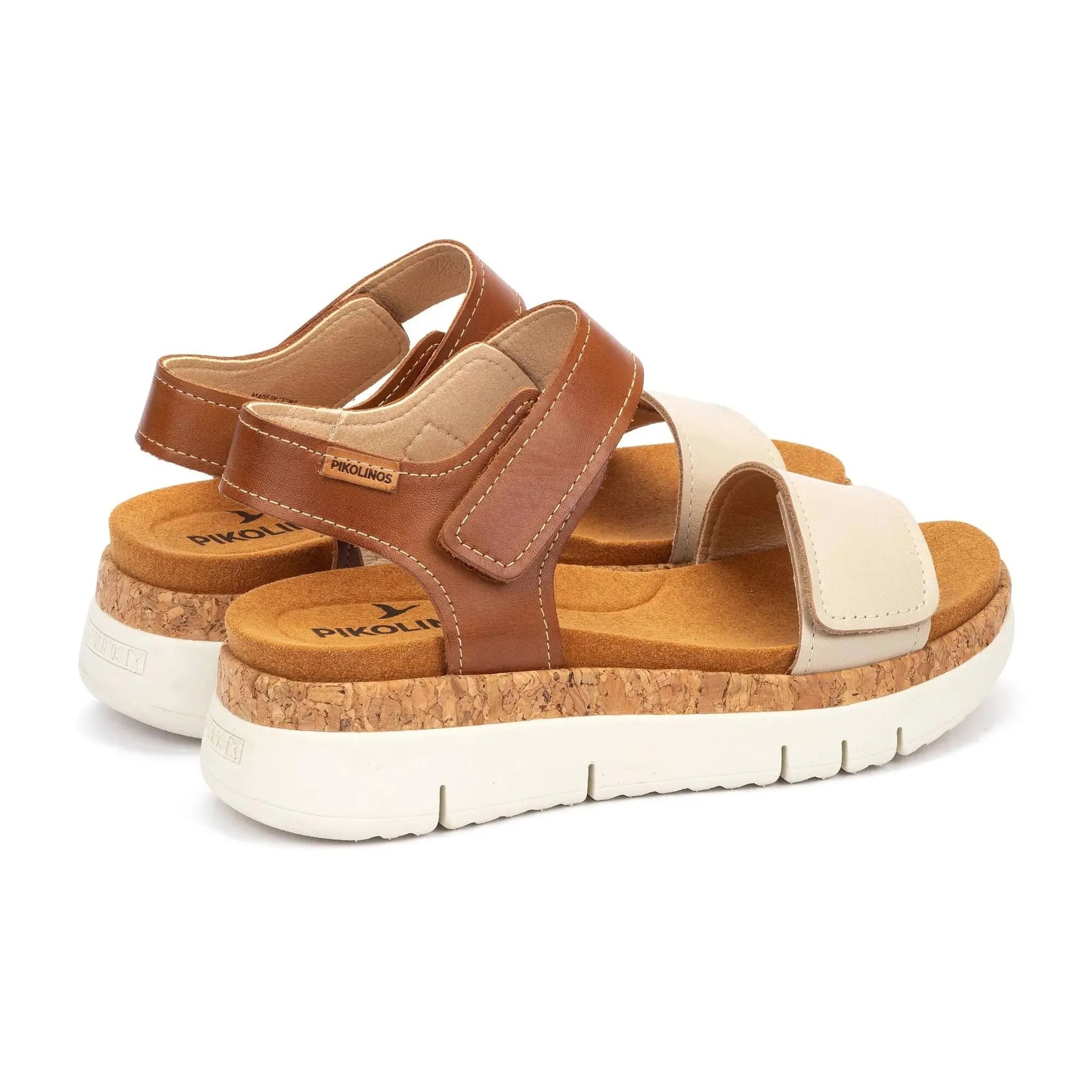 Pikolinos Palma W4N-0940C1 beige leather ladies sandals with touch-fastening straps and cork soles.
