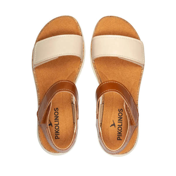 Pikolinos Palma W4N-0940C1 beige leather touch fasten ladies' sandals, open-toe with wide straps and cork footbed.