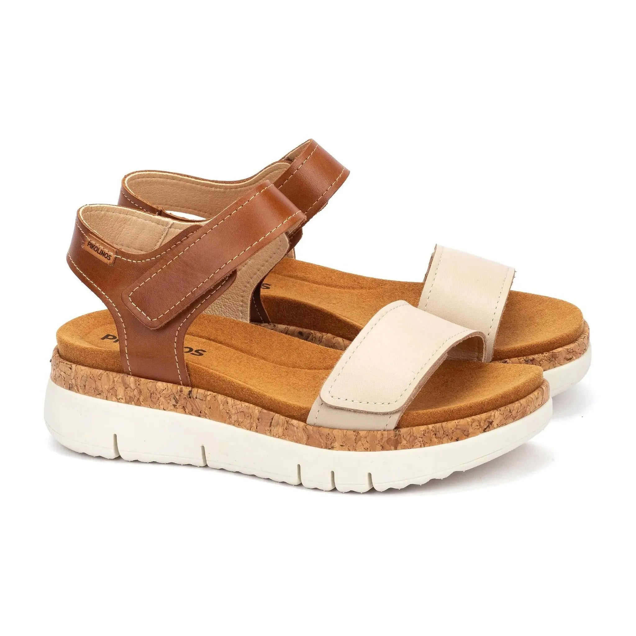 Alt text: Pikolinos Palma W4N-0940C1 women's beige leather touch fastening sandals with cork sole and adjustable straps.