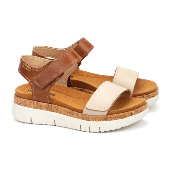 Alt text: Pikolinos Palma W4N-0940C1 women's beige leather touch fastening sandals with cork sole and adjustable straps.