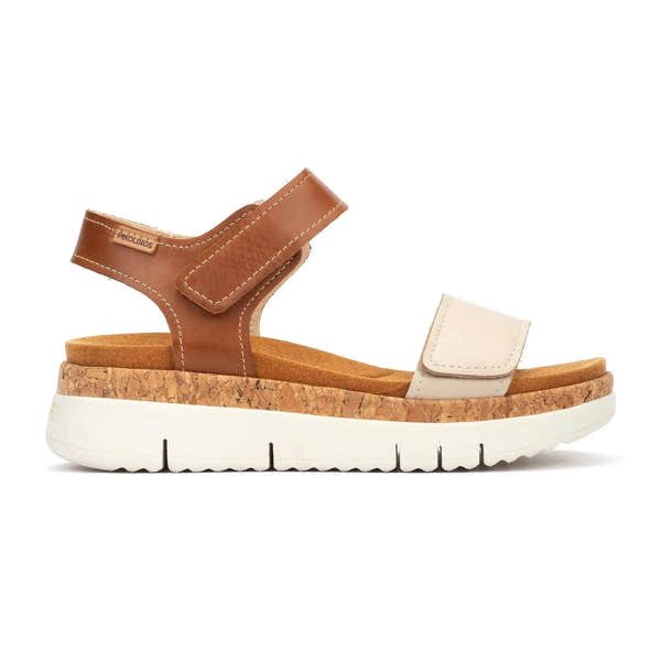 Alt text: Pikolinos Palma W4N-0940C1 ladies beige leather sandals with touch fastenings and cork platform sole.