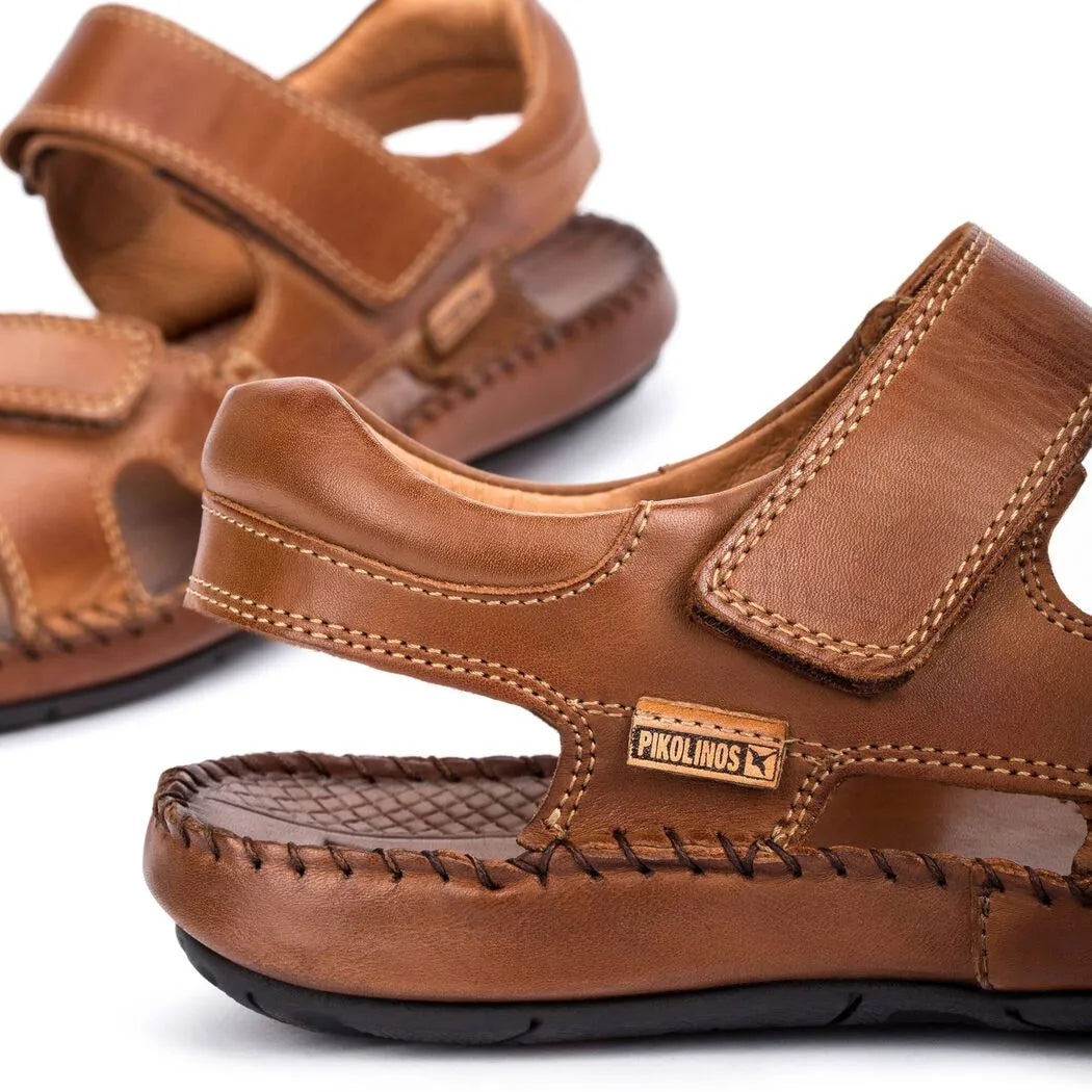 Pikolinos Tarifa 06J-5818 men's leather sandals with touch fastening, cushioned insole, brown color, casual slip-on design.