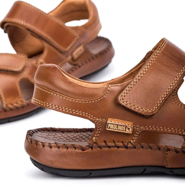 Pikolinos Tarifa 06J-5818 men's leather sandals with touch fastening, cushioned insole, brown color, casual slip-on design.