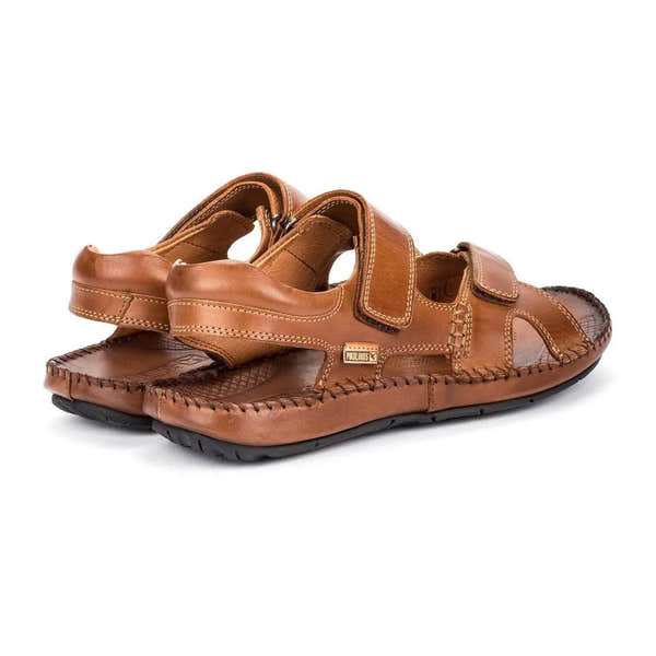 Pikolinos Tarifa 06J-5818 men's leather touch fastening sandals with open toe and cushioned sole. Brown leather straps and durable outsole.