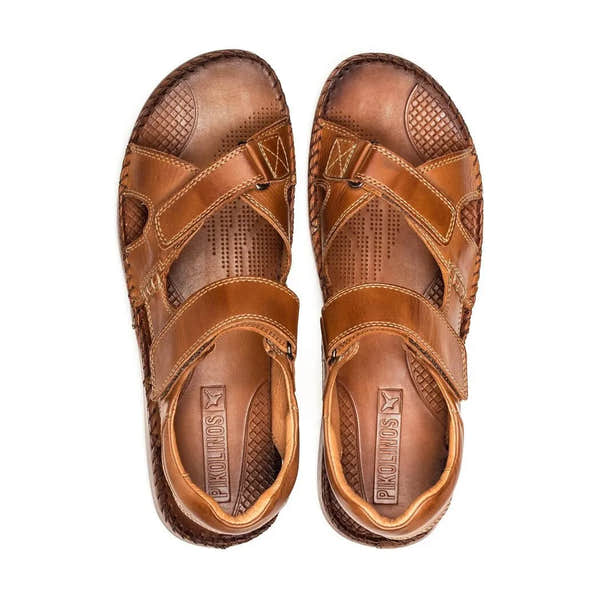 Pikolinos Tarifa 06J-5818 men's leather touch fastening sandals with perforated design and adjustable straps.