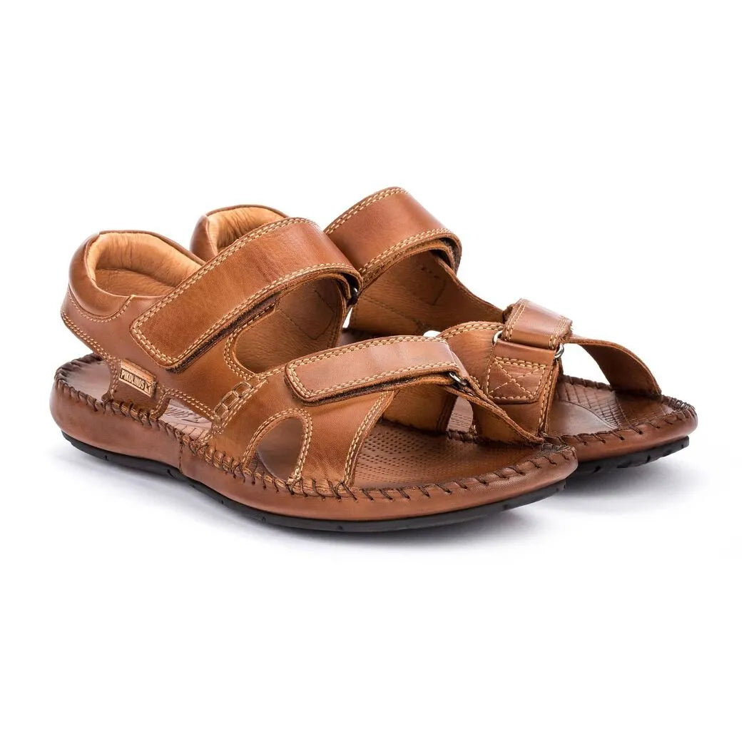 Pikolinos Tarifa 06J-5818 men's leather touch fastening sandals, tan color, open-toe design, cushioned footbed, casual summer footwear.