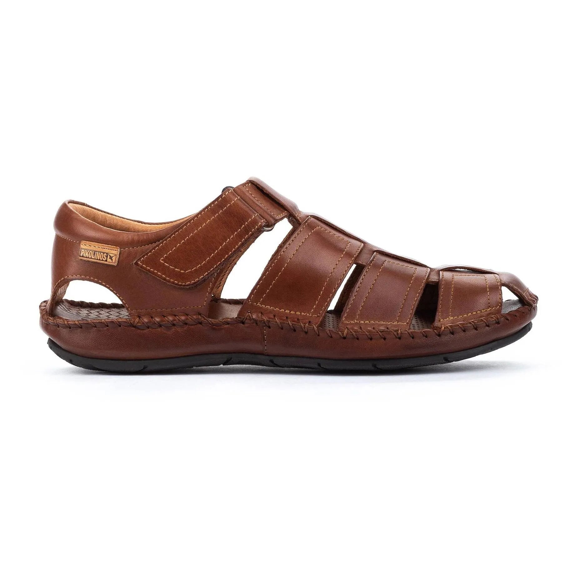 Men's brown leather Pikolinos Tarifa sandals with touch-fastening straps and open-toe design.