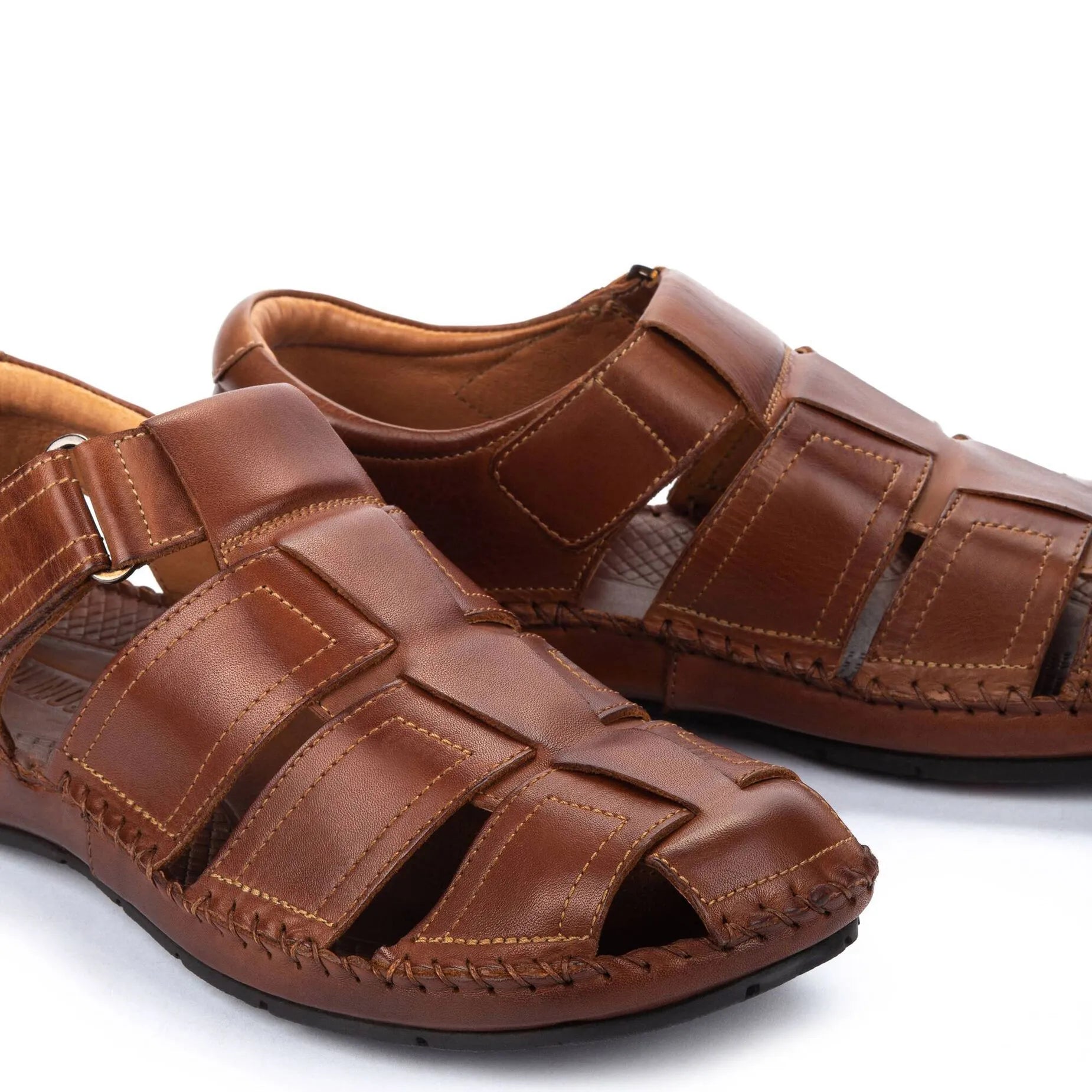 Men's brown leather sandals with touch fastenings, open toe design, and stitched detailing.