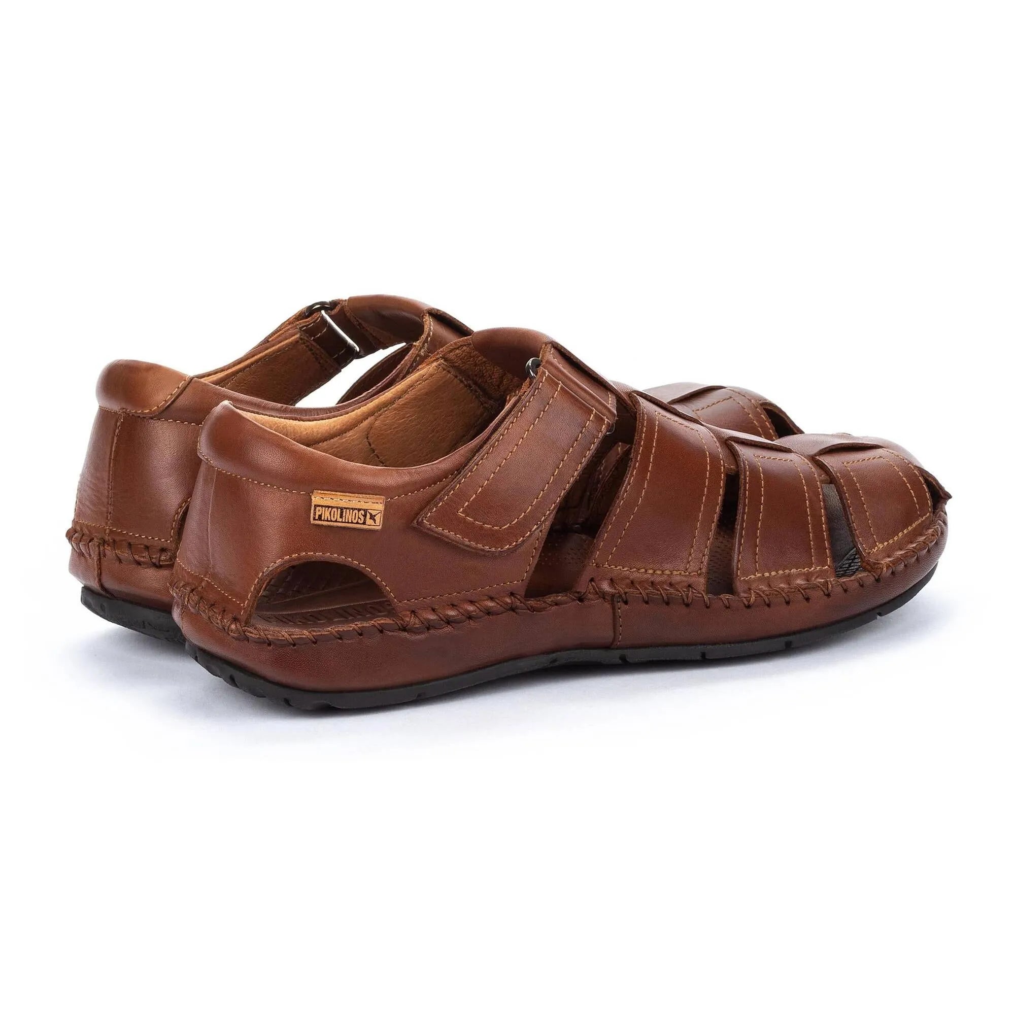 Pikolinos Tarifa 06J-5433 men's brown leather sandals with touch fastenings and open toe design.