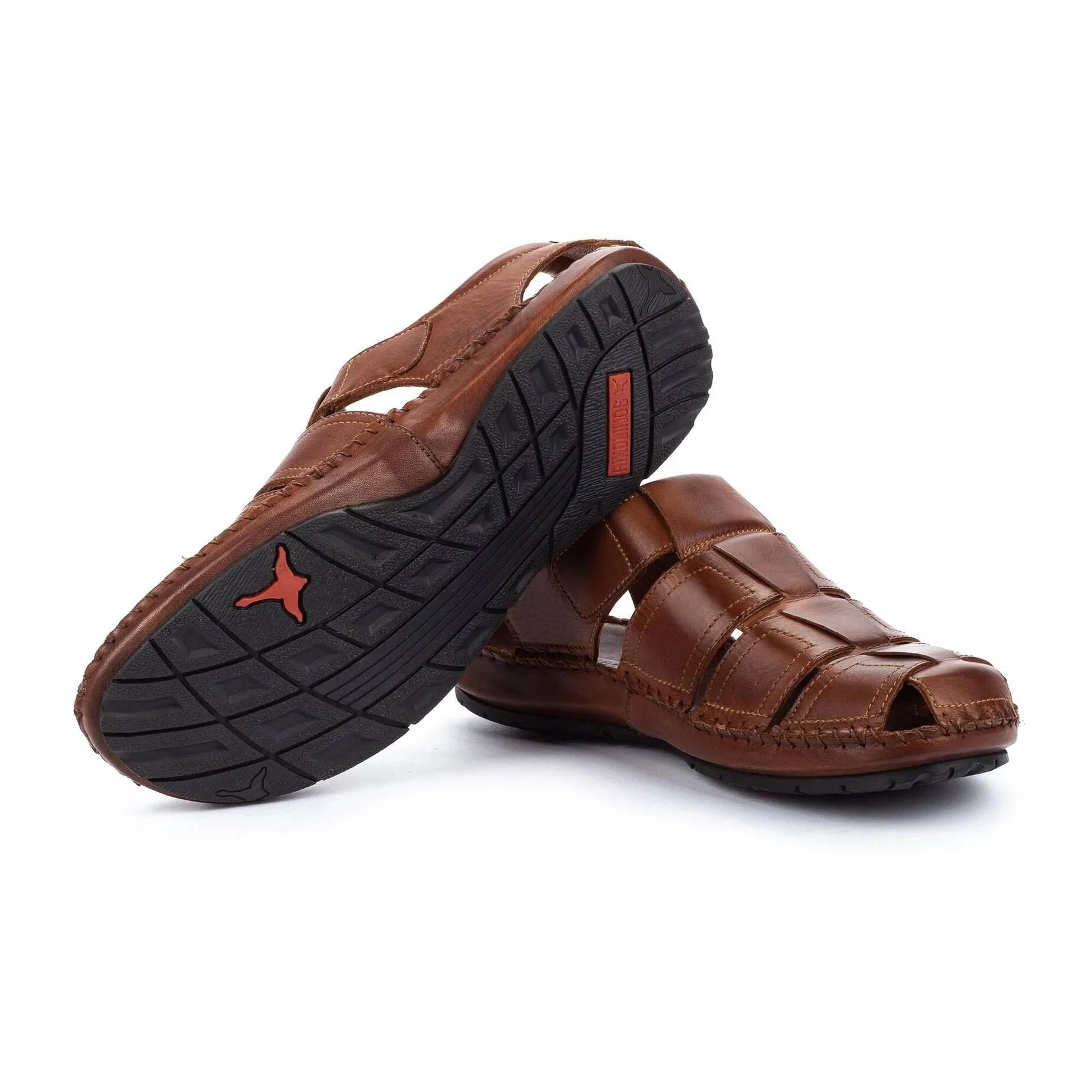Pikolinos Tarifa 06J-5433 men's brown leather sandals with touch fastening, open toe design, and textured black rubber outsole.