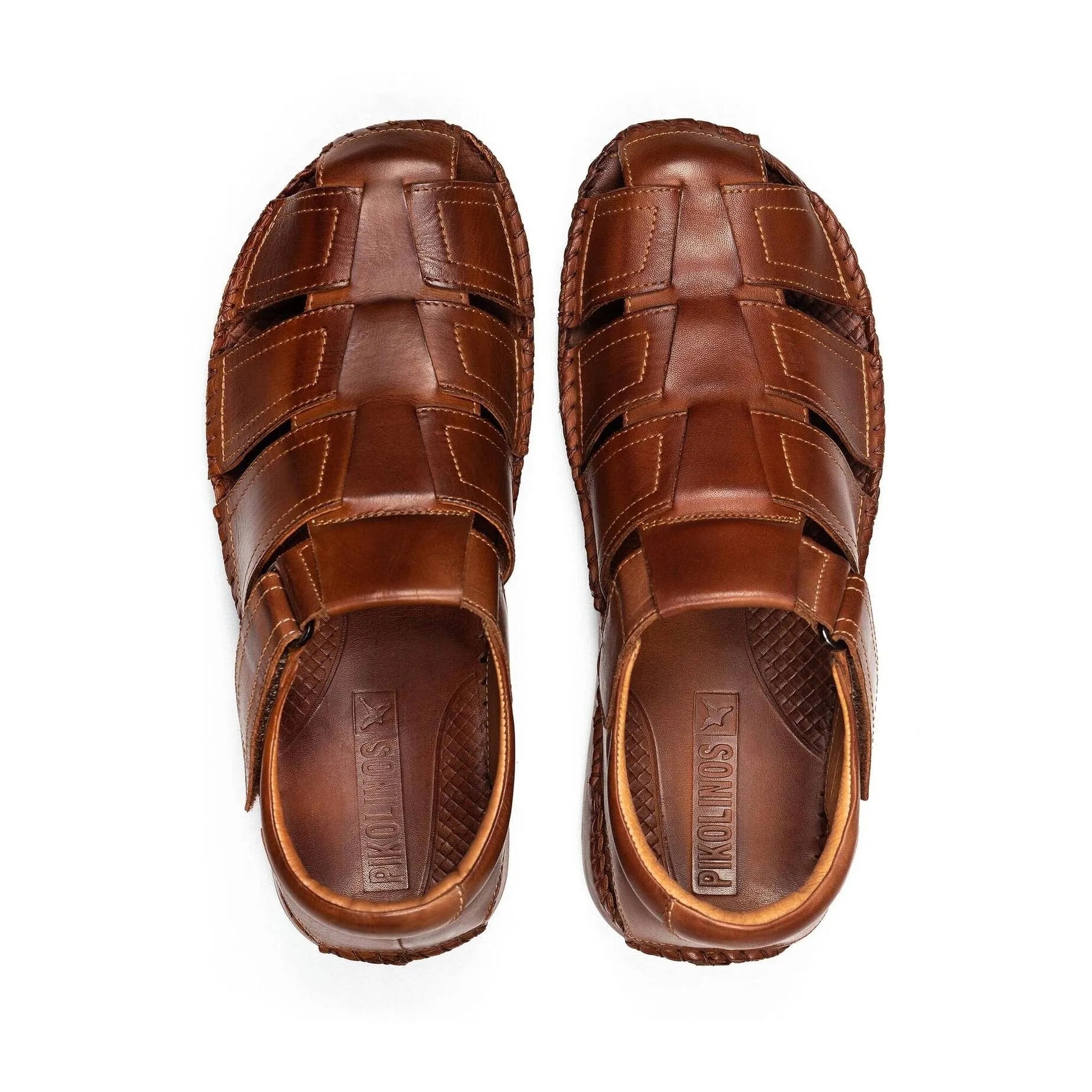 Men's brown leather sandals with touch fastenings, padded insoles, and open toe design, Pikolinos Tarifa 06J-5433.