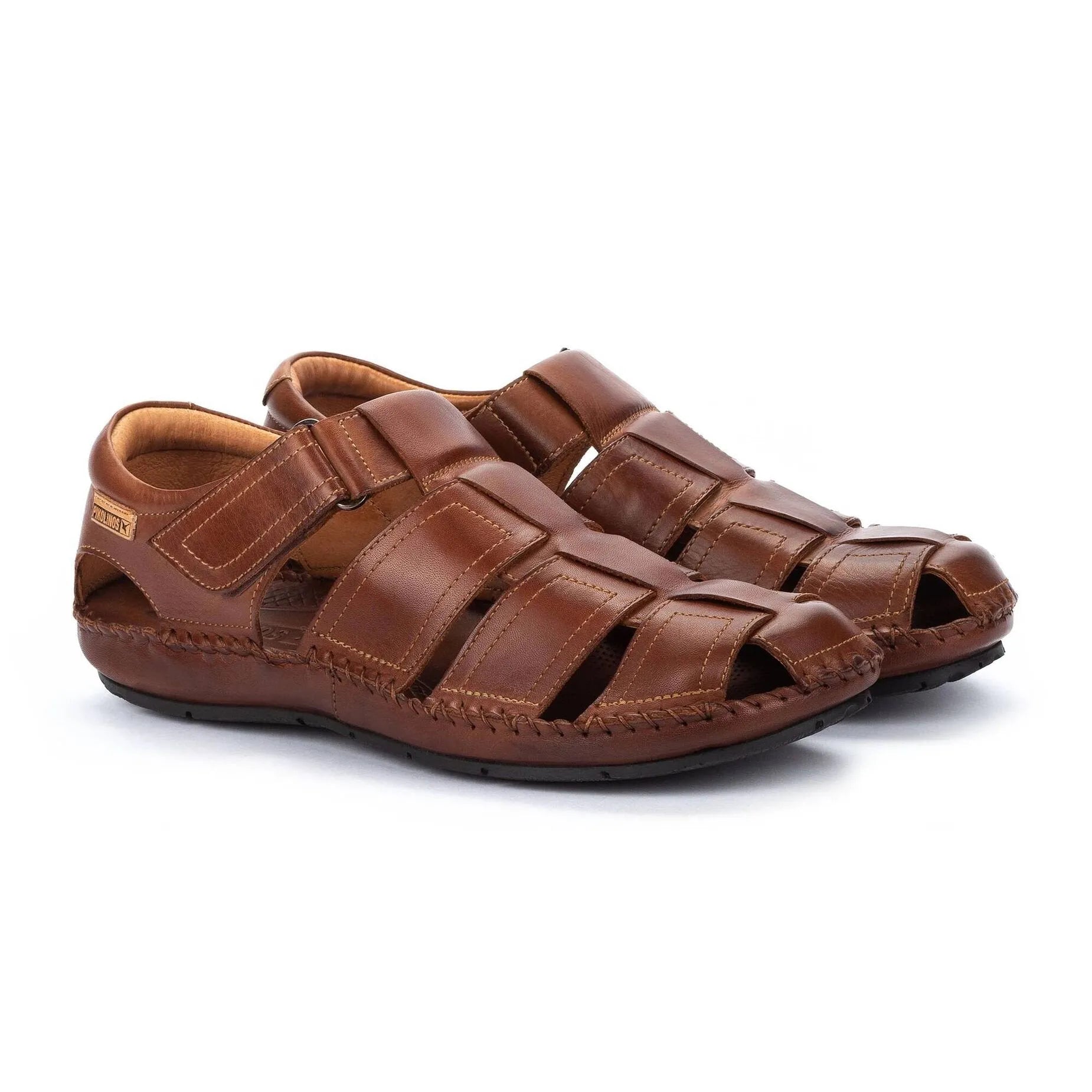 Pikolinos Tarifa 06J-5433 men's brown leather sandals with touch-fastening straps and open-toe design.