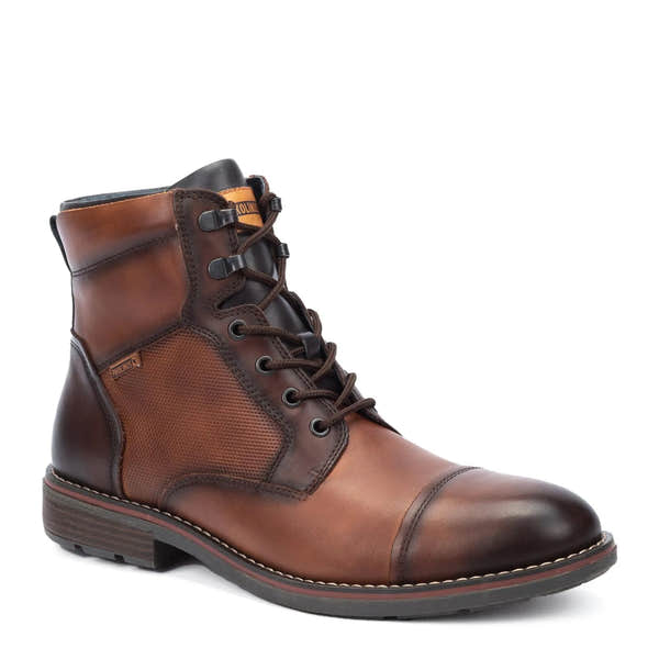 Pikolinos York M2M-8156C1 men's brown leather ankle boots with lace-up and zipper closure.