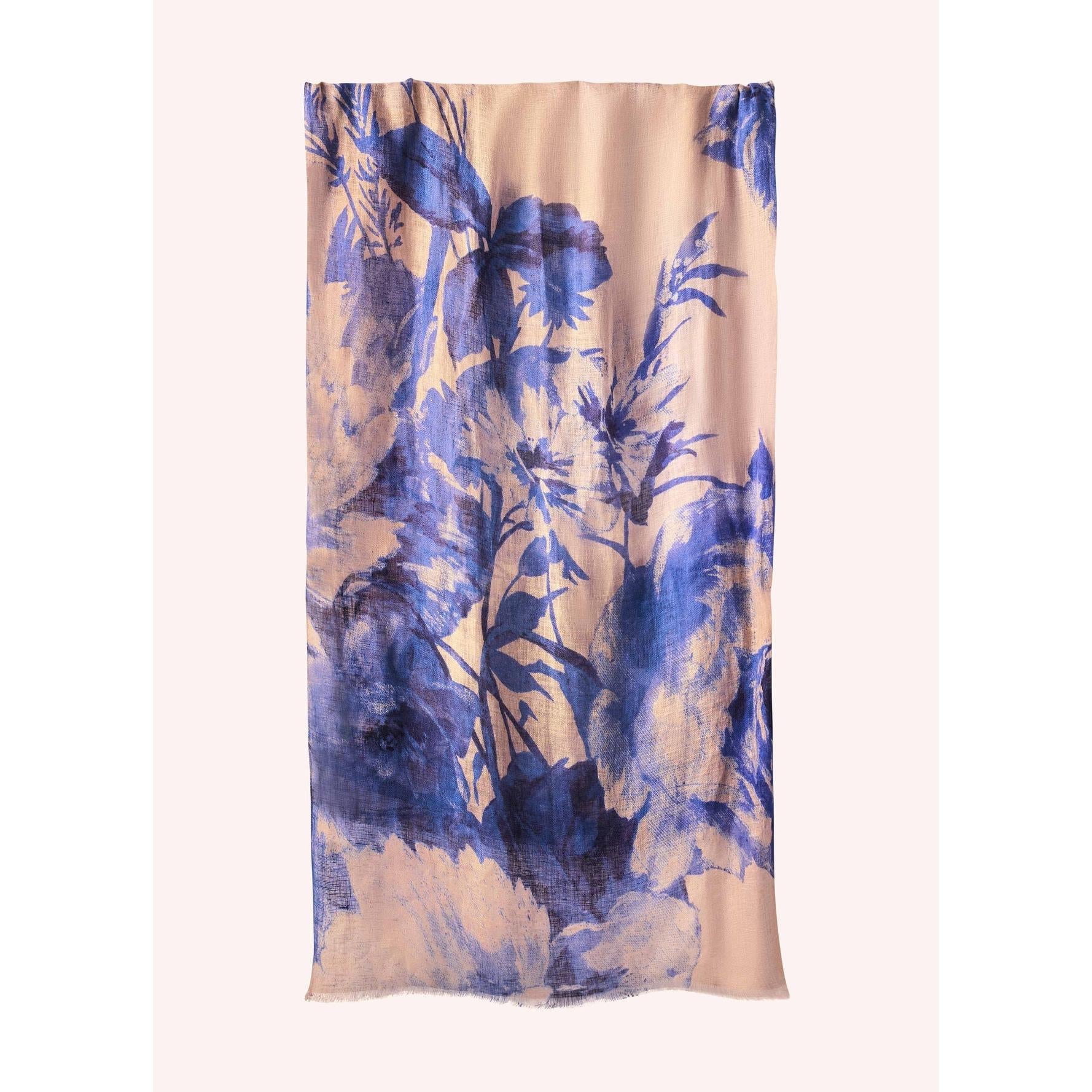 Powder China Blue Blooms linen and cotton blend scarf with floral print design.