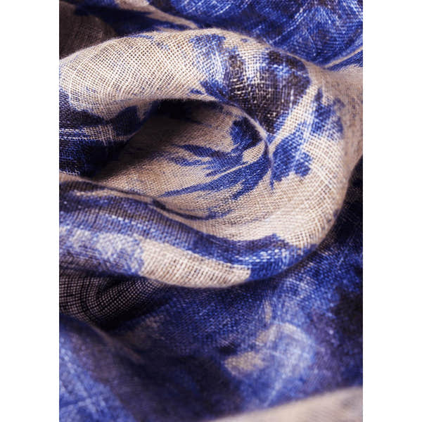 Powder China Blue Blooms linen and cotton blend scarf with floral pattern, lightweight and soft, stylish accessory.
