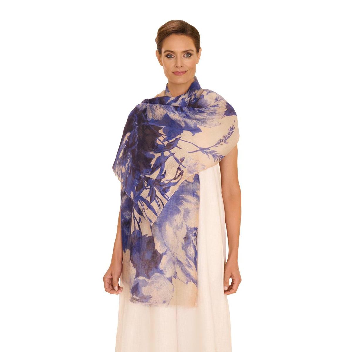 Powder China Blue blooms linen and cotton mix scarf worn by woman, featuring floral print and lightweight fabric.