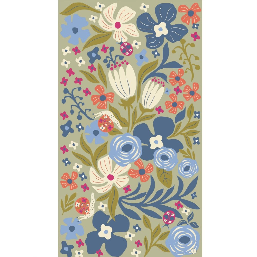 Powder Critters in the Wild Flowers print scarf with floral pattern, blue, coral, and white flowers, and green background.