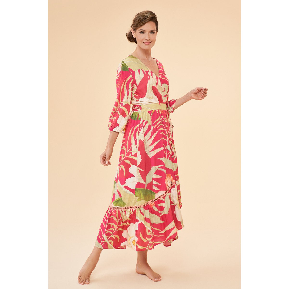 Powder Delicate Tropical Wrap Dress - Dark Rose-elevate your sole