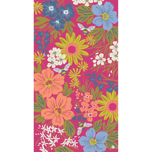 Powder Hedgerow Honey Bees print scarf with vibrant floral and bee design on pink background.