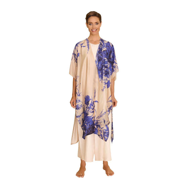 Powder Ladies China Blue Blooms beach wrap around, lightweight floral printed kimono, cream and blue colors, stylish beachwear.