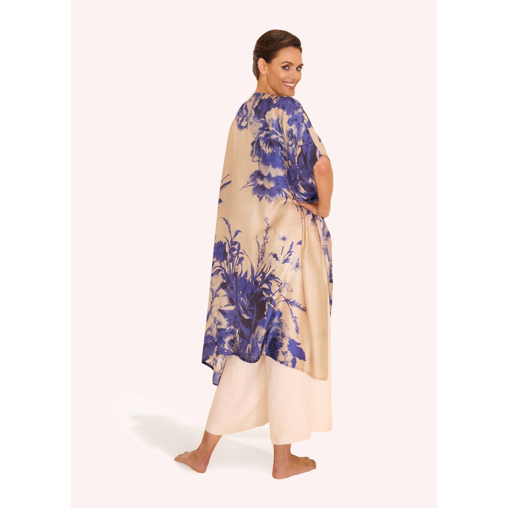 Powder Ladies China Blue Blooms beach wrap around dress with floral print, chiffon fabric, and relaxed fit.