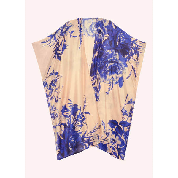 Powder Ladies China Blue Flowers beach wrap around in pastel pink and blue floral print.