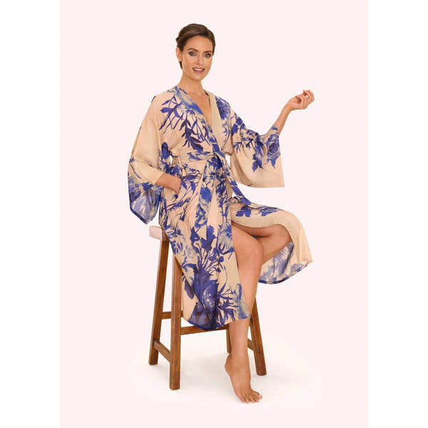 Powder Ladies kimono gown in China Blue with floral bloom pattern, lightweight silk, and relaxed fit.