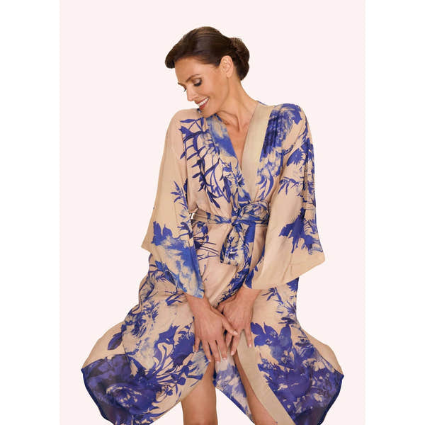 Powder Ladies Kimono Gown in China Blue with floral bloom pattern, satin finish, relaxed fit, and waist tie.
