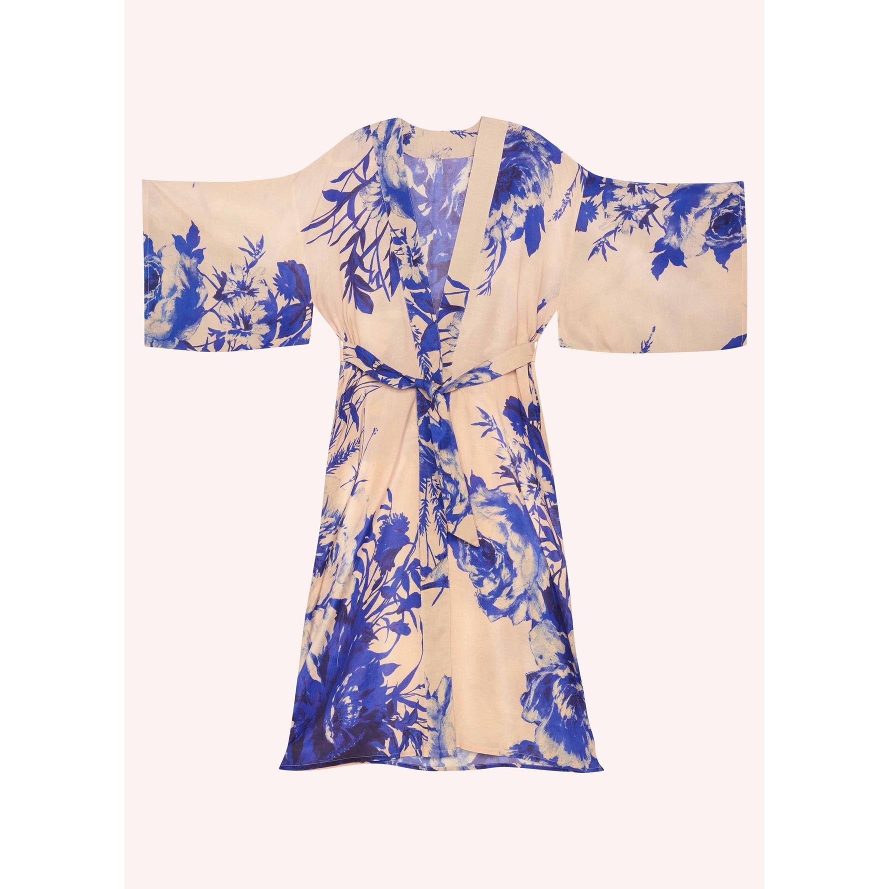 Powder Ladies Chinese Blue Floral Kimono Gown with wide sleeves and waist tie, featuring a blue and beige blooming pattern.