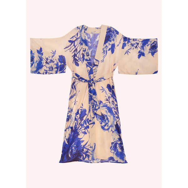 Powder Ladies Chinese Blue Floral Kimono Gown with wide sleeves and waist tie, featuring a blue and beige blooming pattern.