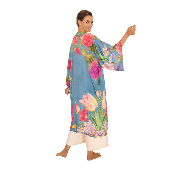 Women's floral study denim kimono gown with wide sleeves and colorful flower pattern.