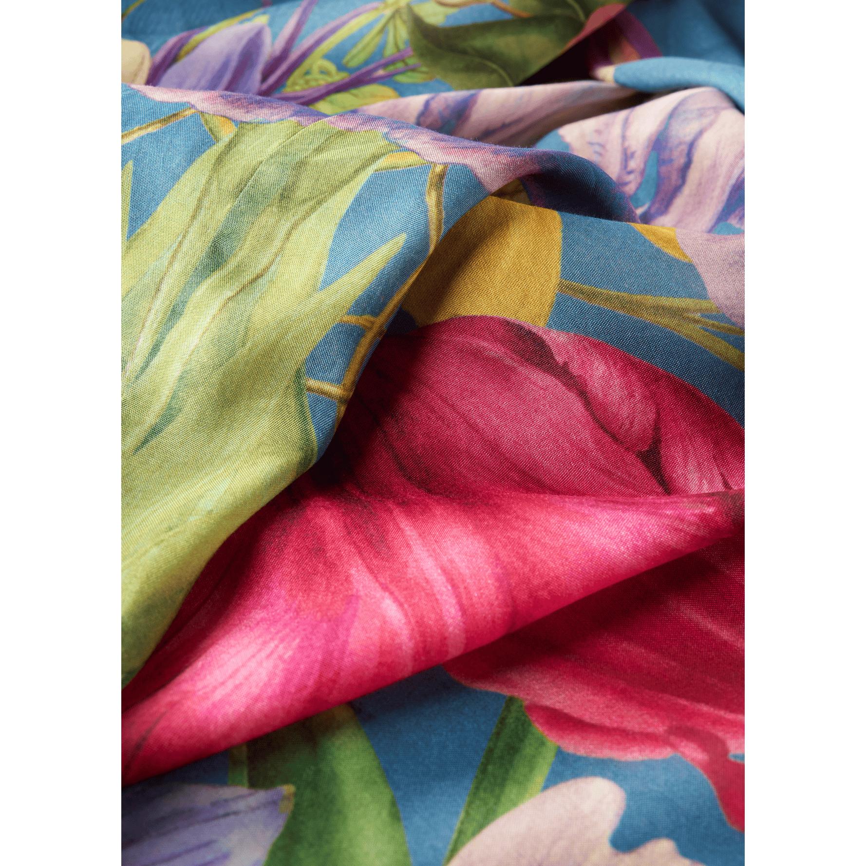 Powder Ladies kimono gown with floral print, denim accents, and vibrant pastel colors.