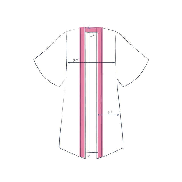 Powder Ladies Kimono Gown with floral study denim pattern, 47-inch back length, 27-inch sleeve width, and 11-inch side slit.