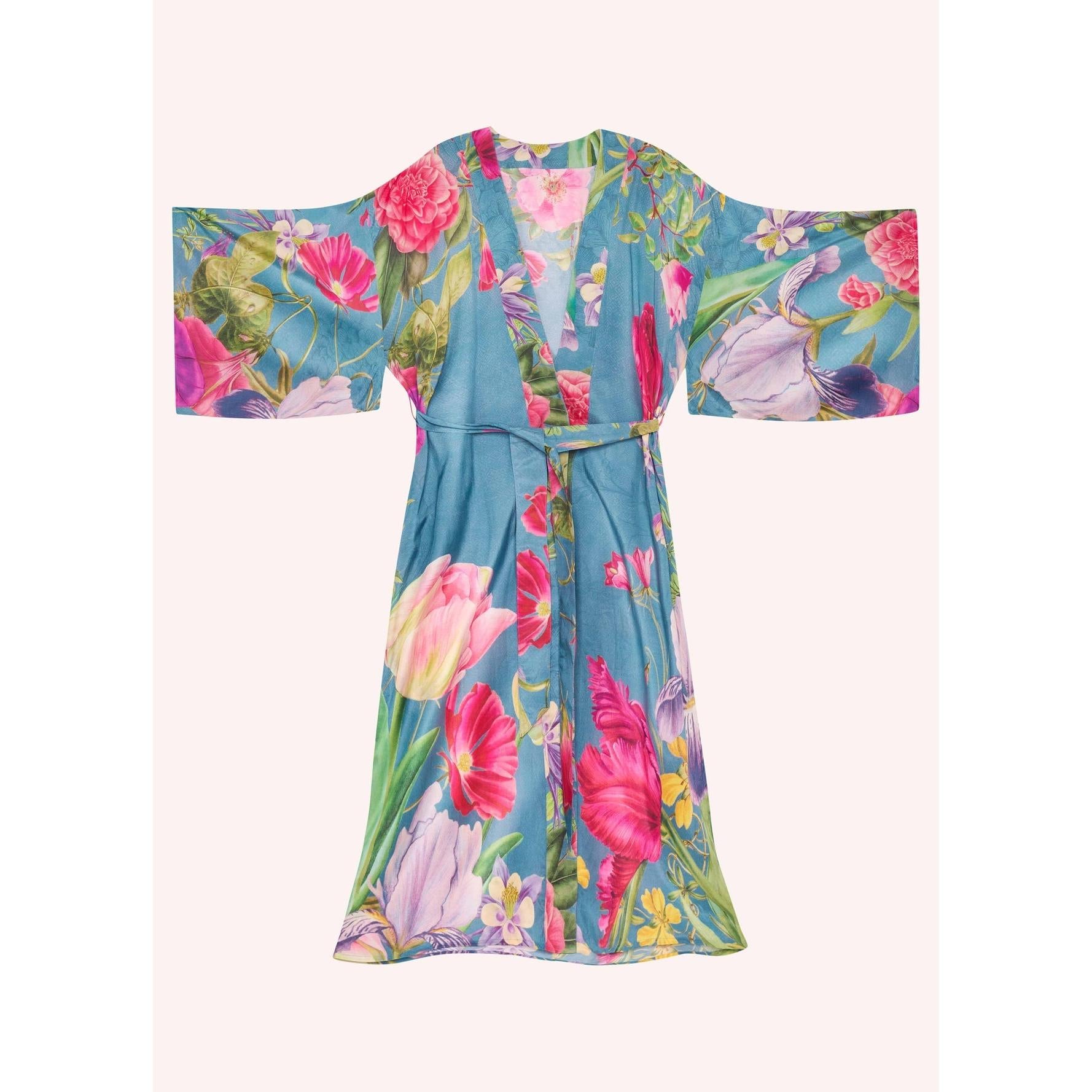Powder Ladies floral denim kimono gown with wide sleeves, floral pattern, and waist tie, suitable for casual or beach wear.