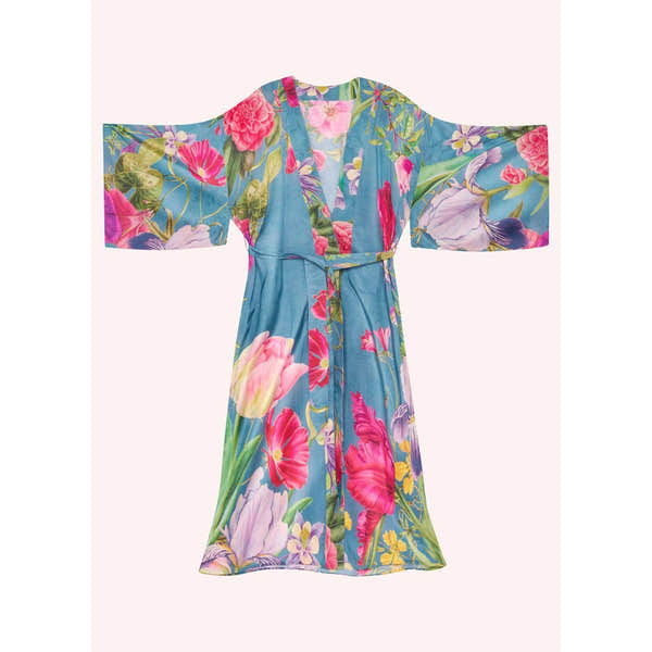 Powder Ladies floral denim kimono gown with wide sleeves, floral pattern, and waist tie, suitable for casual or beach wear.