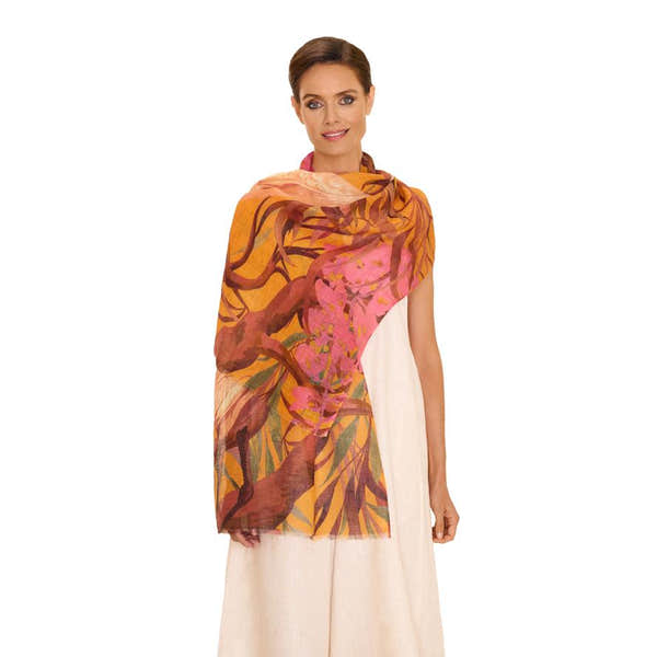 Powder Oriental Crane linen and cotton blend scarf with vibrant pink and orange crane and foliage design, lightweight and stylish.