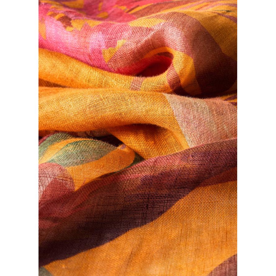 Powder Oriental Crane linen and cotton blend scarf with vibrant orange, pink, and yellow floral pattern, lightweight and breathable fabric.
