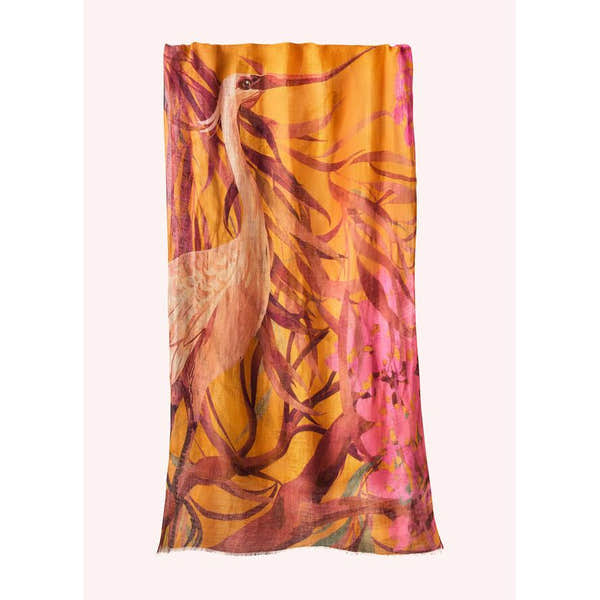 Powder Oriental Crane linen and cotton blend scarf with a pink and orange crane and floral design.