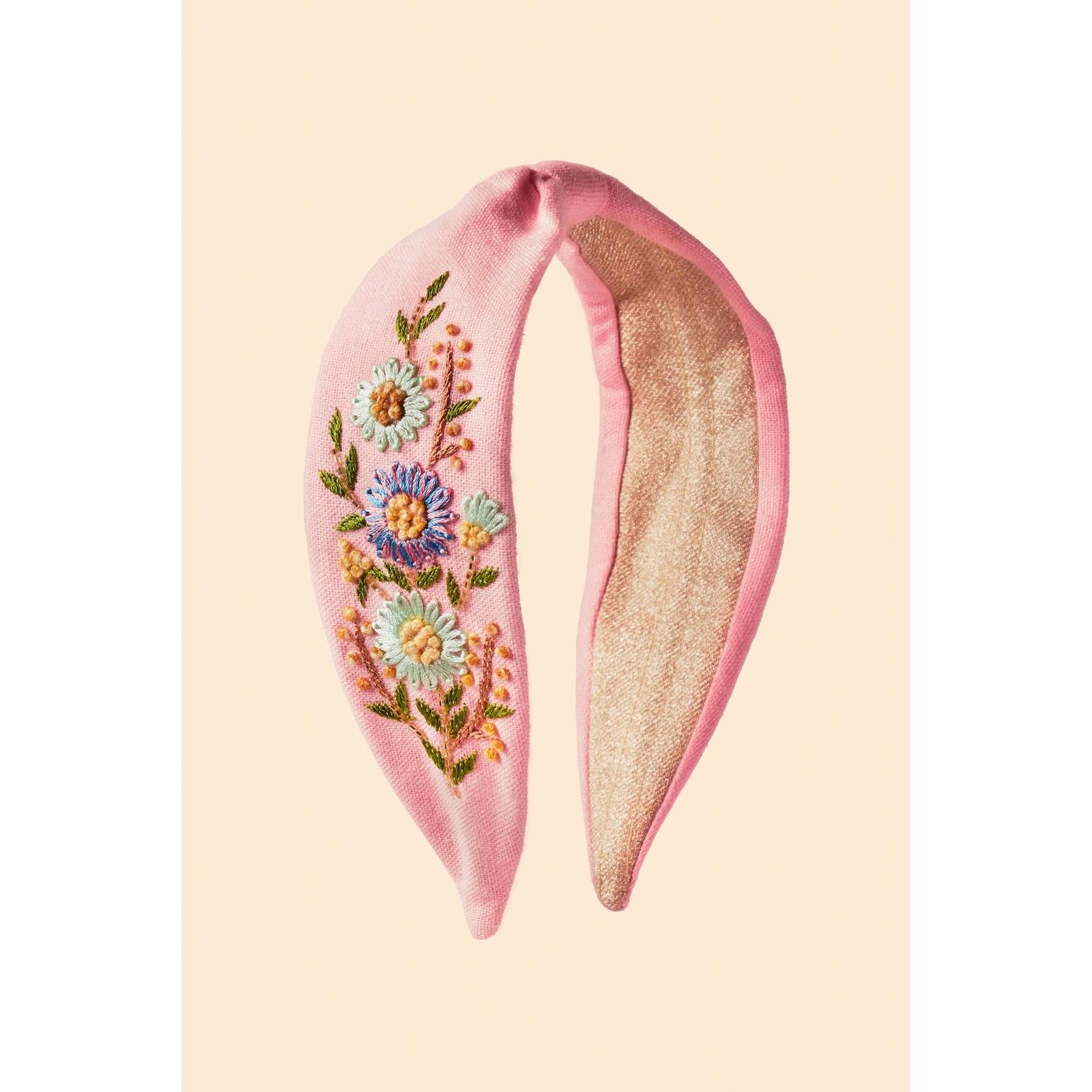Powder Perfect Posie Embroidered Headband in Petal pink with floral embroidery and a satin finish, ideal for hair accessory styling.