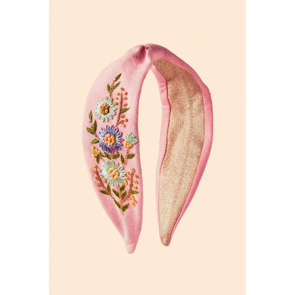 Powder Perfect Posie Embroidered Headband in Petal pink with floral embroidery and a satin finish, ideal for hair accessory styling.