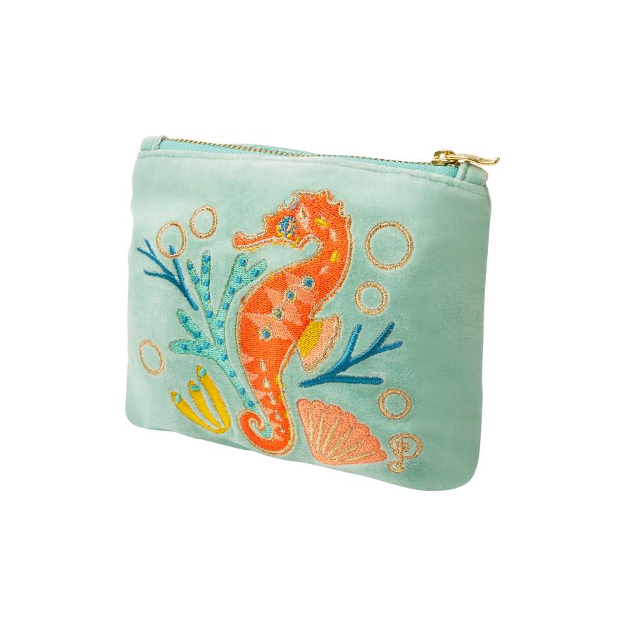 Powder Sparkling Seahorse Velvet Mini Pouch in aqua with embroidered seahorse and ocean-themed details.