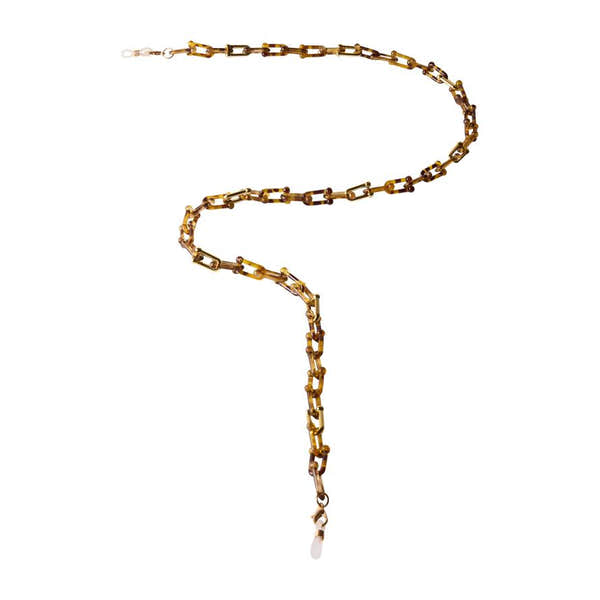 Powder Tortoiseshell Sunglasses Chain with gold-tone bridle design, chain links, and adjustable clasp.
