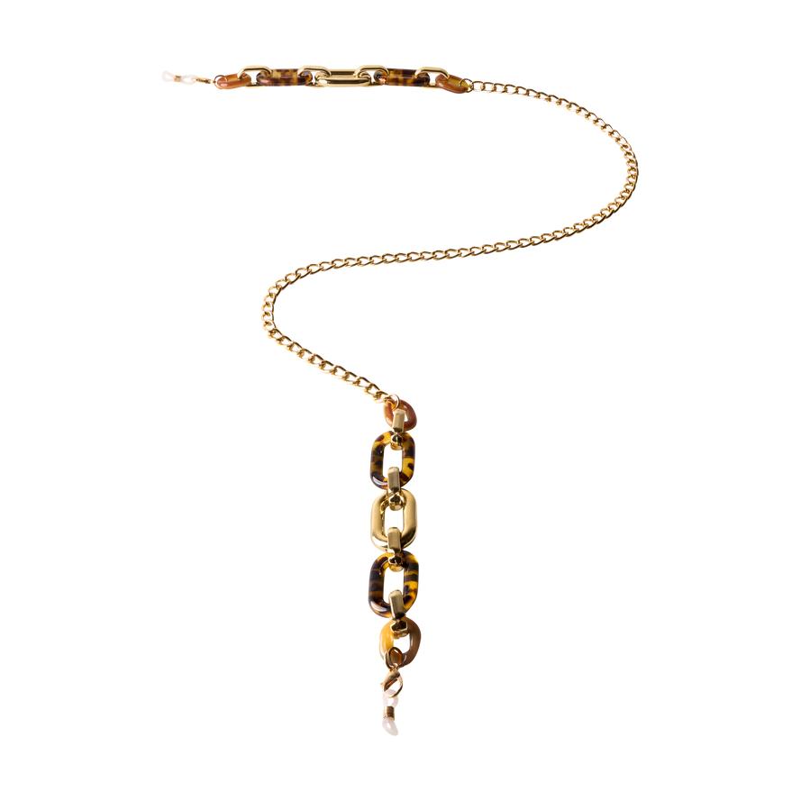 Powder Sunglasses Chain in tortoiseshell with gold chain detail, designed to secure and enhance eyewear style.