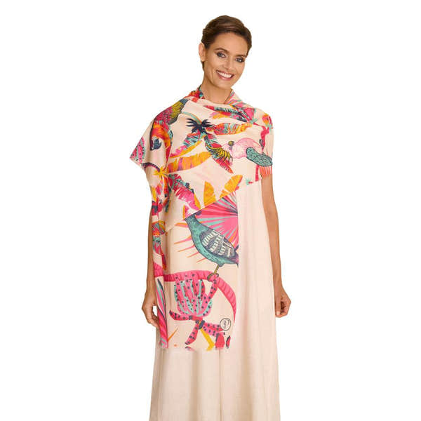 Powder Tropical Paradise Cotton Scarf with colorful flamingo, bird, and animal print design, lightweight and vibrant accessory.