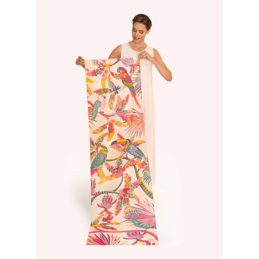 Powder Tropical Paradise Cotton Scarf with colorful parrot and leaf print, lightweight summer accessories.