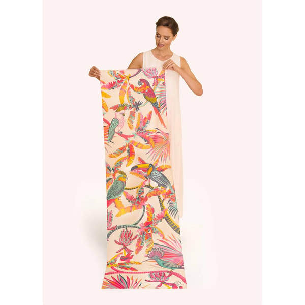 Powder Tropical Paradise Cotton Scarf with colorful parrot and leaf print, lightweight summer accessories.