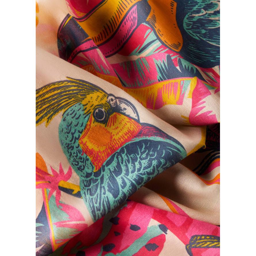 Colorful tropical parrot and floral print cotton scarf, Powder Tropical Paradise design, vibrant pink, orange, blue, and yellow.